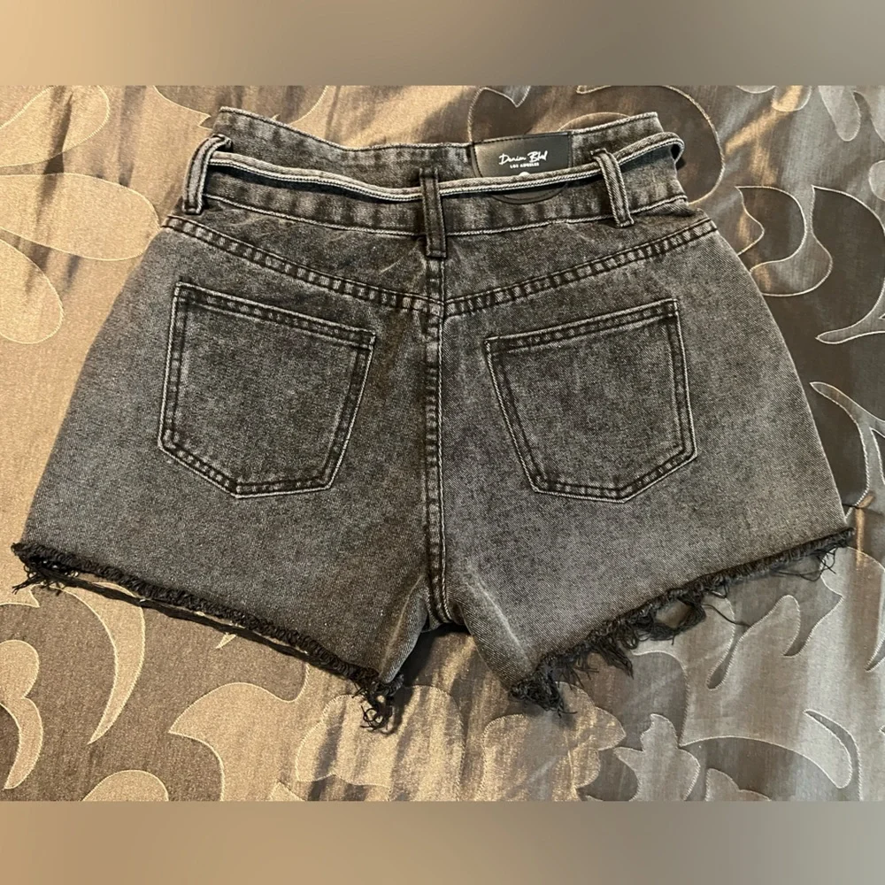 Denim Blvd Los Angeles Women’s Faded Black Denim High Waist Shorts Tie Belt SM